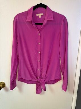 100% Silk Banana Republic Fuchsia Button-Down Tie-Front Shirt